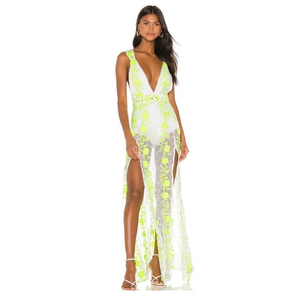 For Love and Lemons  Revolve Dahlia Lace Maxi Neon Floral Dress - S